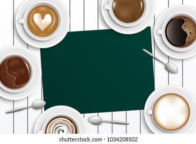 Set of realistic coffee, silver spoon and paper top view on wooden table background vector illustration / Espresso, Chocolate, Milk, Latte, Cappuccino, Mocha, Americano, Black coffee with copy space