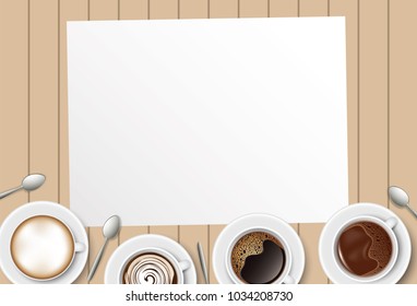 Set of realistic coffee, silver spoon and paper top view on wooden table background vector illustration / Espresso, Chocolate, Milk, Latte, Cappuccino, Mocha, Americano, Black coffee with copy space