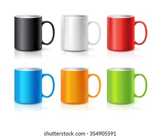 Set or Realistic Coffee or Tea Cups Isolated on White Background. 
Design Template for Mock Up. White, Black, Blue, Green, Red and Orange colors. Vector illustration