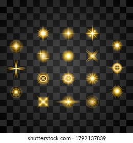 Set Of Realistic Collection Sparkling And Sparkles Gold Light Star Fires And Flame Glow Flashes On A Transparent Background Vector Design Style