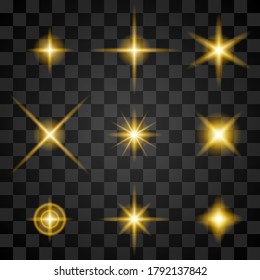 Set Of Realistic Collection Sparkling And Sparkles Gold Light Star Fires And Flame Glow Flashes On A Transparent Background Vector Design Style