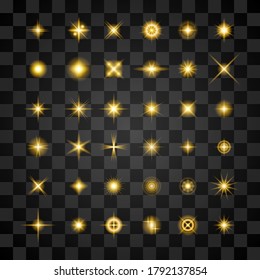 Set Of Realistic Collection Sparkling And Sparkles Gold Light Star Fires And Flame Glow Flashes On A Transparent Background Vector Design Style