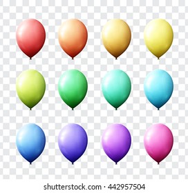 Set realistic color air balloons isolated with transparent. Balls with transparency for decor. Festive scenery. 