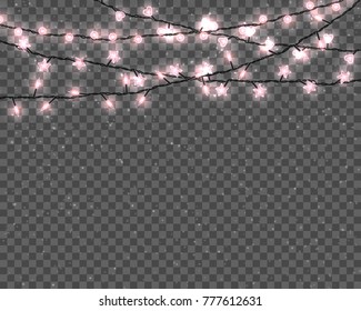 Set of realistic color garlands, festive decorations. Glowing christmas lights isolated on transparent background.
