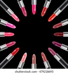 Set of realistic color lipsticks in black tube. Title for catalog vector illustration
