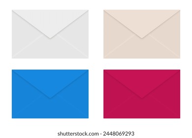 Set of realistic color mail envelopes. Folded envelopes mockup isolated on a white background. Vector illustration.