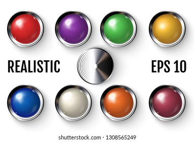 Conjunto de botones de color realista con bordes metálicos. Kit de botones de plástico de color realista. 