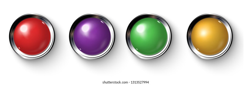 Set of realistic colored buttons with metallic borders. Kit of realistic colored plastic buttons.