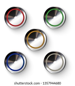 Set of realistic colored buttons with metallic borders. Kit of realistic colored plastic buttons.