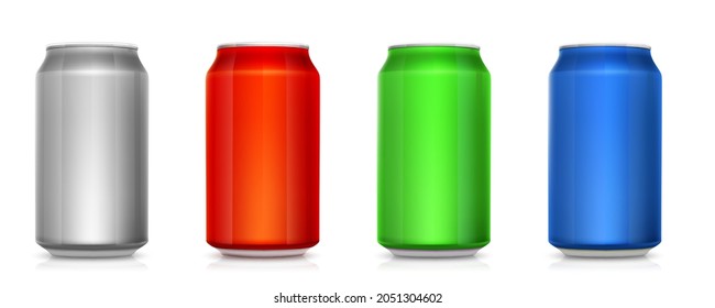 Set of realistic colored cans for beverages isolated on white background. Vector 3d illustration