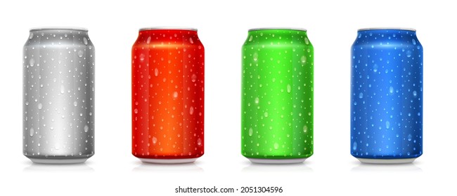 Set of realistic colored cans isolated on white. Tins for beverages with condensate. Drops of water on metal jars. Vector 3d illustration