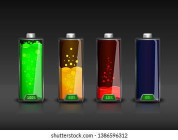 Set of realistic colored different size vector batteries with charge indicator