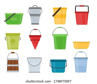 Set of realistic colored empty plastic buckets with handle in flat design isolated on white background. Colorful buckets, household tool and equipment item for home cleaning. Vector illustration.