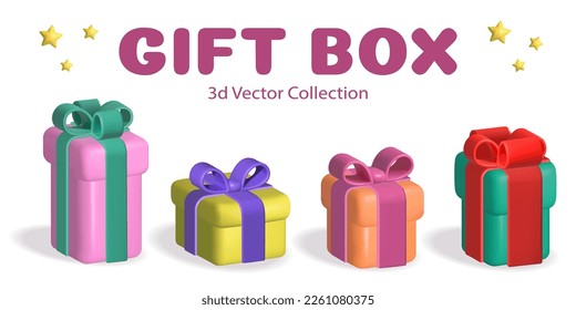 Conjunto de cajas de regalo de color realista aisladas en fondo blanco. Cajas rosas, amarillas, naranjas y verdes con cinta de colores. Feliz Año Nuevo, Feliz Regalo de Navidad. Ilustración 3d, Ilustración vectorial.