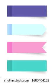 Set of realistic colored horizontal paper stickers with a peel off corner isolated on white. Empty mockup for a memo and notice. Transparent shadows. Vector illustration for your design