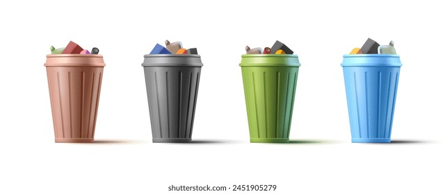 Set of realistic colored metal round garbage cans, 3D. Vector