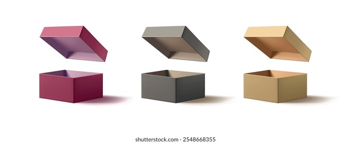 Conjunto de cajas abiertas de colores realistas con tapas, 3D. Para conceptos de packaging y branding de mercancías, productos, ofertas promocionales y descuentos. Ilustración vectorial.