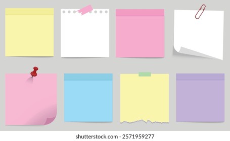 Set of realistic colored paper for notes. A set of paper notes with lines and torn edges. A square sheet of paper for notes and reminders.