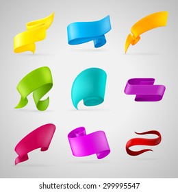 Set of realistic colored paper ribbon banner. Isolated on gray background. With space for text. Vector illustration.