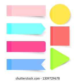Set of realistic colored paper stickers with a peel off corner. Blank templates of a price tags. Empty mockup for a memo and notice. Transparent shadows. Vector illustration for your design