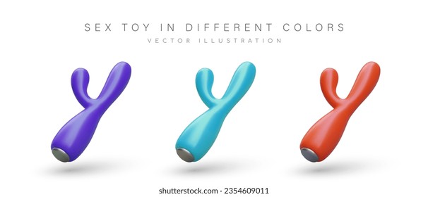 Conjunto de vibradores de conejo de color realista. Dispositivo para estimular el clítoris y la vagina. Juguete sexual. Ilustraciones para sitio web, aplicación para adultos. Iconos para la tienda sexual