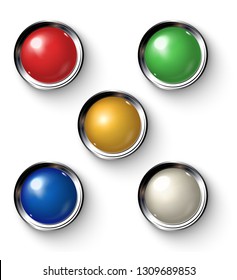 Set of realistic colored retro lamps with metallic borders. Kit of realistic colored  lamps, used in production. Button with indicator.