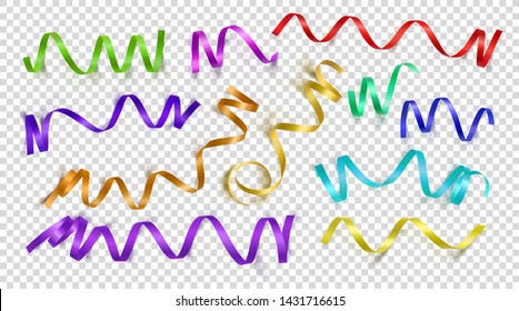 Set of realistic colored ribbons on transparency background. Can be used for greeting card, holidays, banners, gifts and etc. Vector illustration.