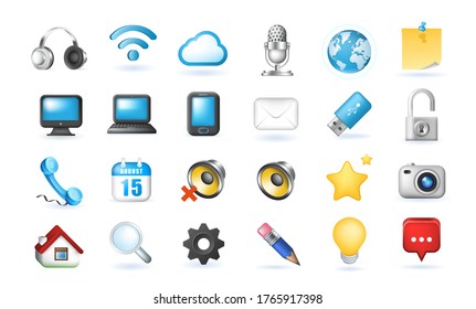 Set of Realistic Colored Technological Icon on White Background . Isolated Vector Elements