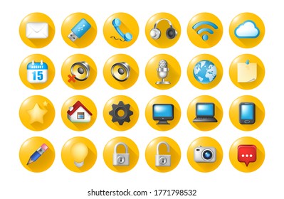 Set of Realistic Colored Technological Icon on Yellow Buttons on White Background . Isolated Vector Elements