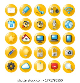 Set of Realistic Colored Technological Icon on Yellow Buttons on White Background . Isolated Vector Elements