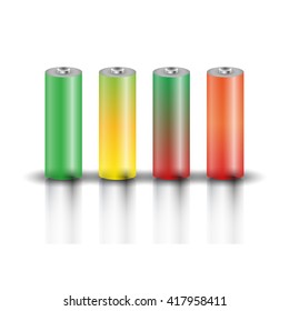 Set of realistic colored transparent battery, vector illustration.