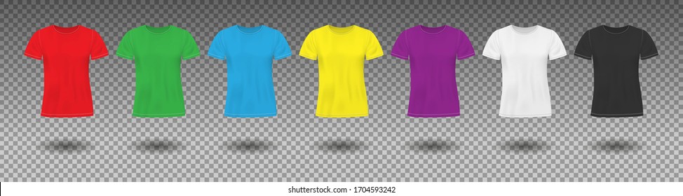 Set of Realistic colored t-shirt mockup. Red, green and blue men t shirt clothes. Different colors sportswear template isolated. Vector illustration