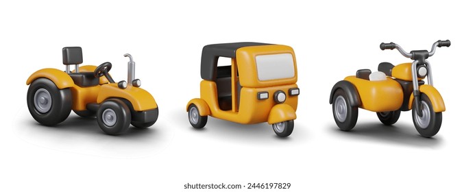 Conjunto de vehículos de colores realistas. Tractor agrícola, auto rickshaw, triciclo con sidecar