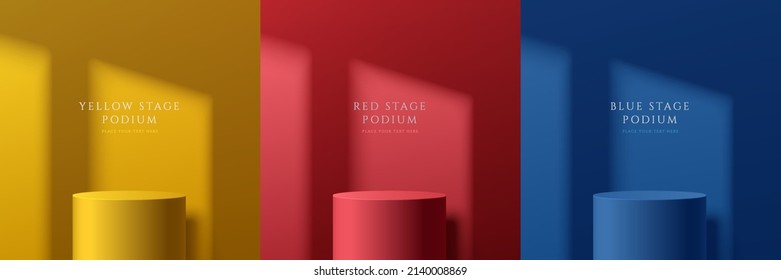 Set of realistic colorful abstract 3D room with yellow, dark blue and red stand or podium. Vector rendering geometric forms. Minimal wall scene with shadow overlay. Stage showcase, Product display.