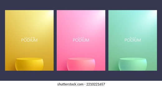 Set of realistic colorful abstract 3D room with yellow, soft bright blue and pink stand or podium