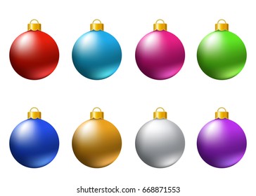 Set of  realistic  colorful   Christmas  balls  isolated on white background. Vector  Xmas  tree decoration.