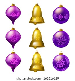 Set of realistic colorful Christmas baubles, balls, bells for design Christmas cards, invitations. Vector illustration EPS10.