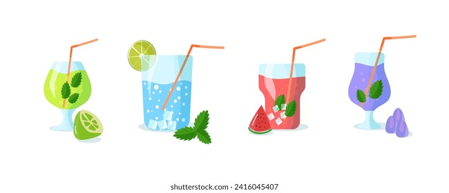 Set of realistic colorful cocktails on background. Bright colors. Citrus and berries toppings. Created for menu designs. Set of alcoholic drinks. Vector illustration.