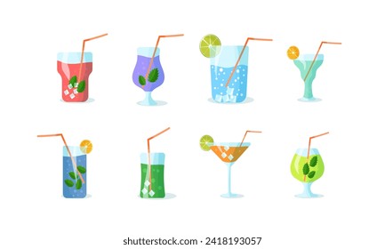 Set of realistic colorful cocktails on background. Bright colors. Citrus and berries toppings. Created for menu designs. Set of alcoholic drinks. Vector illustration.