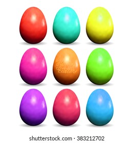 Set of realistic colorful Easter eggs on a white background.