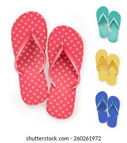 Set of Realistic Colorful Flip Flops Slippers. Vector Illustration