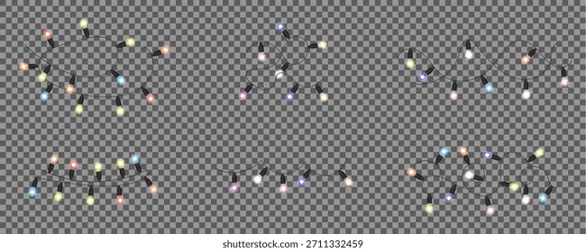 Establecer guirnaldas de luces de cadena brillantes de colores realistas sobre fondo transparente. Bombillas colgantes festivas para la decoración