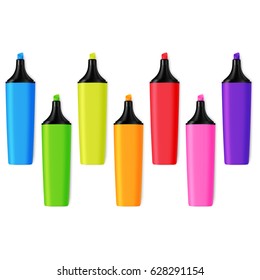 Set of Realistic Colorful Isolated Markers. Line of School or Office Supplies Rainbow Highlighters.