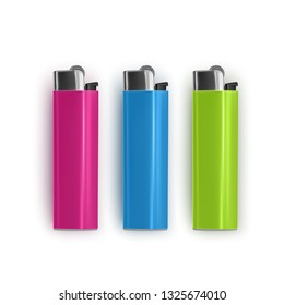 Set of realistic and colorful lighters on white background, vector illustration