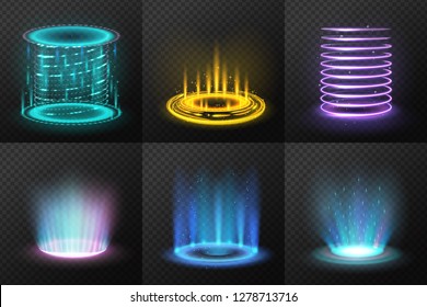 Set of realistic colorful magic portals with light streams on dark transparent background isolated vector illustration