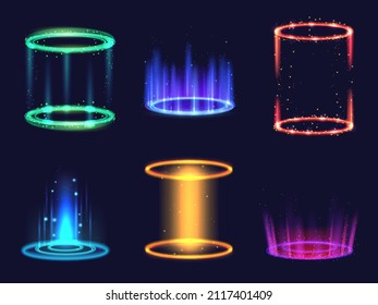 Set of realistic colorful magic portals on dark background. Isolated vector illustration