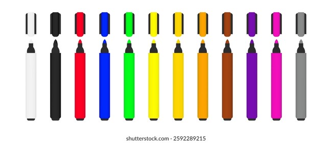 Set of realistic colorful marker pens isolated on white background. Children and artist office highlighters color with open fleet or fiber tip, highlighter pens. Kids vivid painting tools illustration