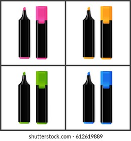 Set of Realistic Colorful Markers with Black Case Isolated on White Background. School Supplies Blue, Green, Pink, Yellow, Highlighters.