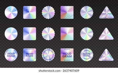 Set of realistic colorful neon holographic stickers, labels, stamps. Abstract hologram emblems collection. Metallic gradient chrome icons