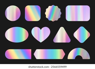 Set of realistic colorful neon sticker, blank template, label with holographic effect. Shiny rainbow emblem heart circle square oval star. Mockup for shopping icons. Gradient hologram. Vector EPS10